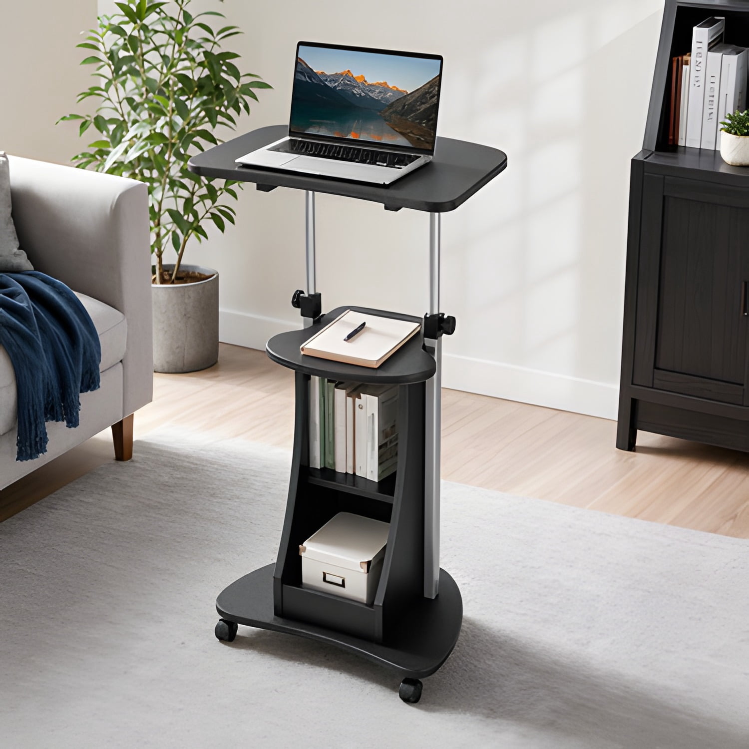 Sit-to-Stand Rolling Adjustable Height Laptop Cart with Accessory Storage Shelf, 28-43in Height Lockable Non-Marking Casters Moisture Resistant MDF Mobile Workstation