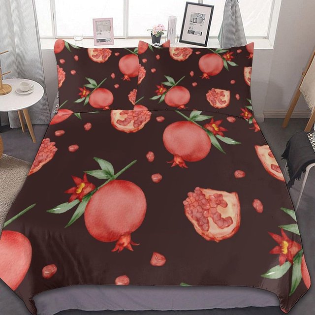 HAHDAXIA Pomegranate Fruit Pattern Bedding Solid Comforter Set for All Seasons,3 Pieces(1 Comforter+2 Pillowcases),Soft Microfiber Bedding Set Full(79"x90")