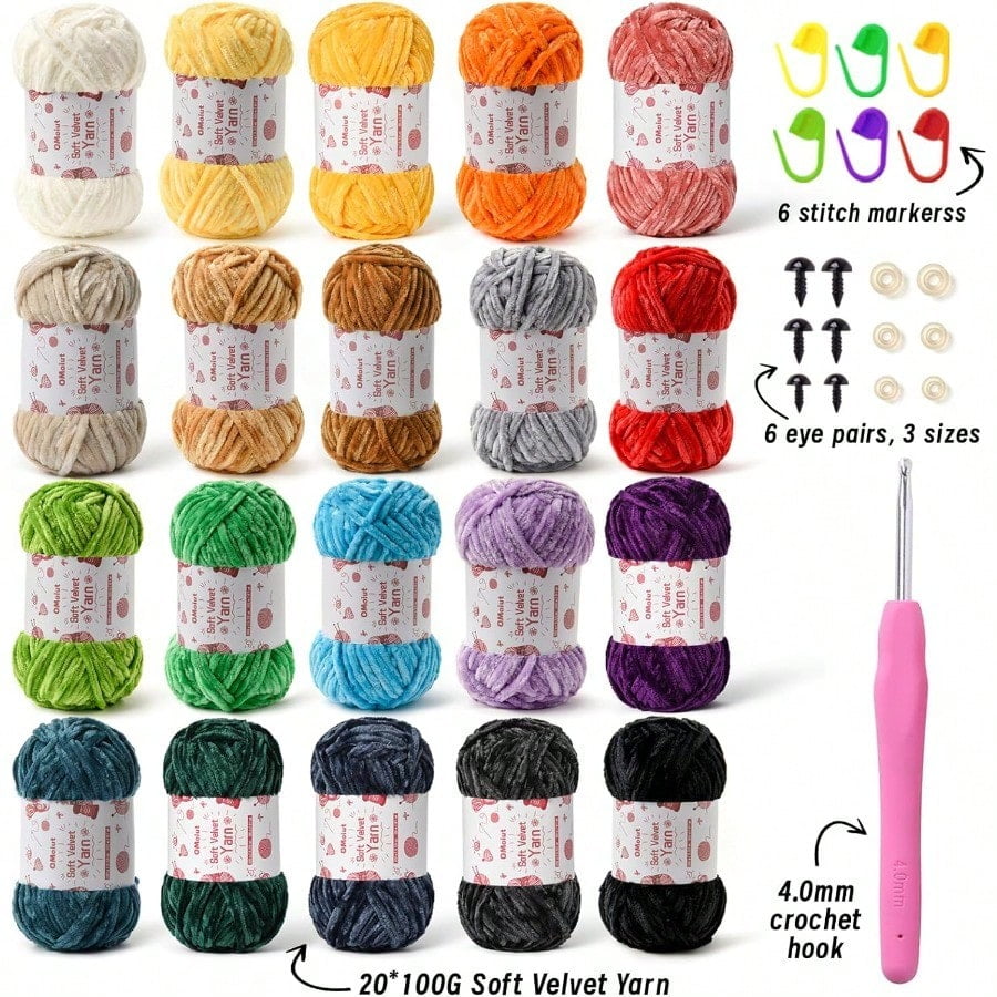 20 Pack Chenille Chunky Yarn  Yarn for Crocheting Soft White Black Brown Green Red Pink Blue Rainbow Veet Yarns Crochet Blanket Amigurumi Yarns Pack with Crochet Accories B