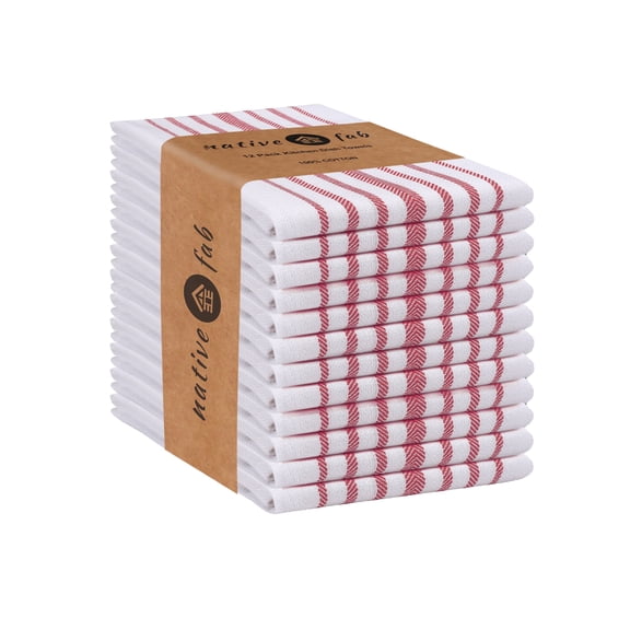 Native Fab 12 Pack Scandia Stripe Dish Towel 16x26 - Absorbent Cotton Kitchen washcloths - Red