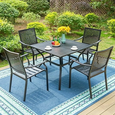 MF Studio 5-Piece Outdoor Patio Dining Set with 4 Steel Stackable Armchairs (Weight Capacity 350 lbs) & 1 Metal Square Table with Umbrella Hole, Black