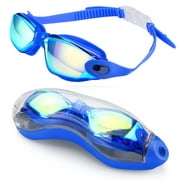 Mirrored Swim Goggles, Swimming Goggles No Leaking Anti Fog UV Protection Swim Goggles with Wide View Free Protection Case for Adult Men Women Youth Kids Child, Multiple Choice, Blue