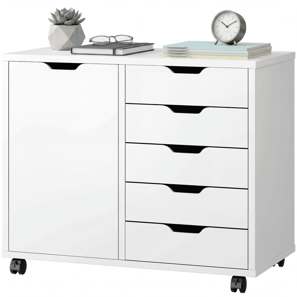 CONCETTA 5-Drawer Rolling File Cabinet on Wheels, Wood Printer Stand with Storage Drawers for Home Office, White