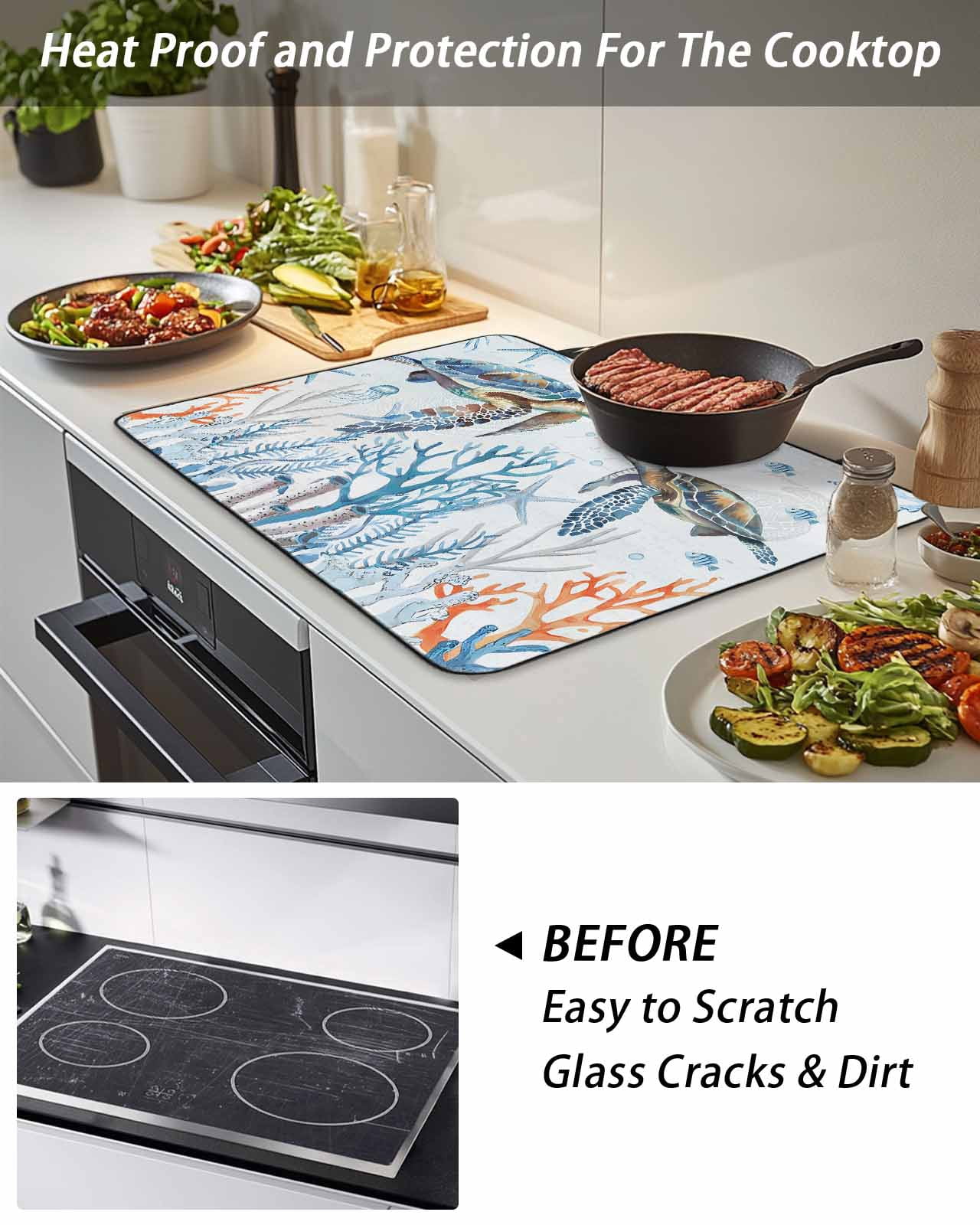 Stove Top Covers for Electric Stove, Ocean Turtle Glass Stovetop Cover Protector, Blue Coastal Coral Starfish Seagrass Induction Cooktop Protector Oven Mat for Kitchen Countertop 31"x24"