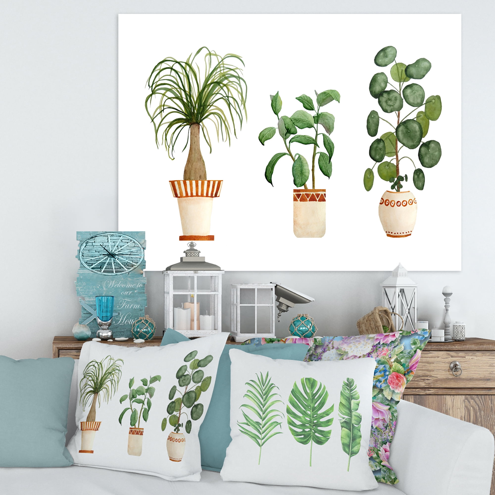 Designart ' Trio of House Plants Ficus Ponytail and Palm ' Traditional Canvas Wall Art Print