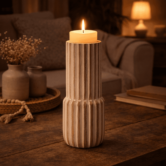 Expobazaar Wooden Candle Holder | Decorative Mango Wood with Iron Cap Candle Stand | 4x12"