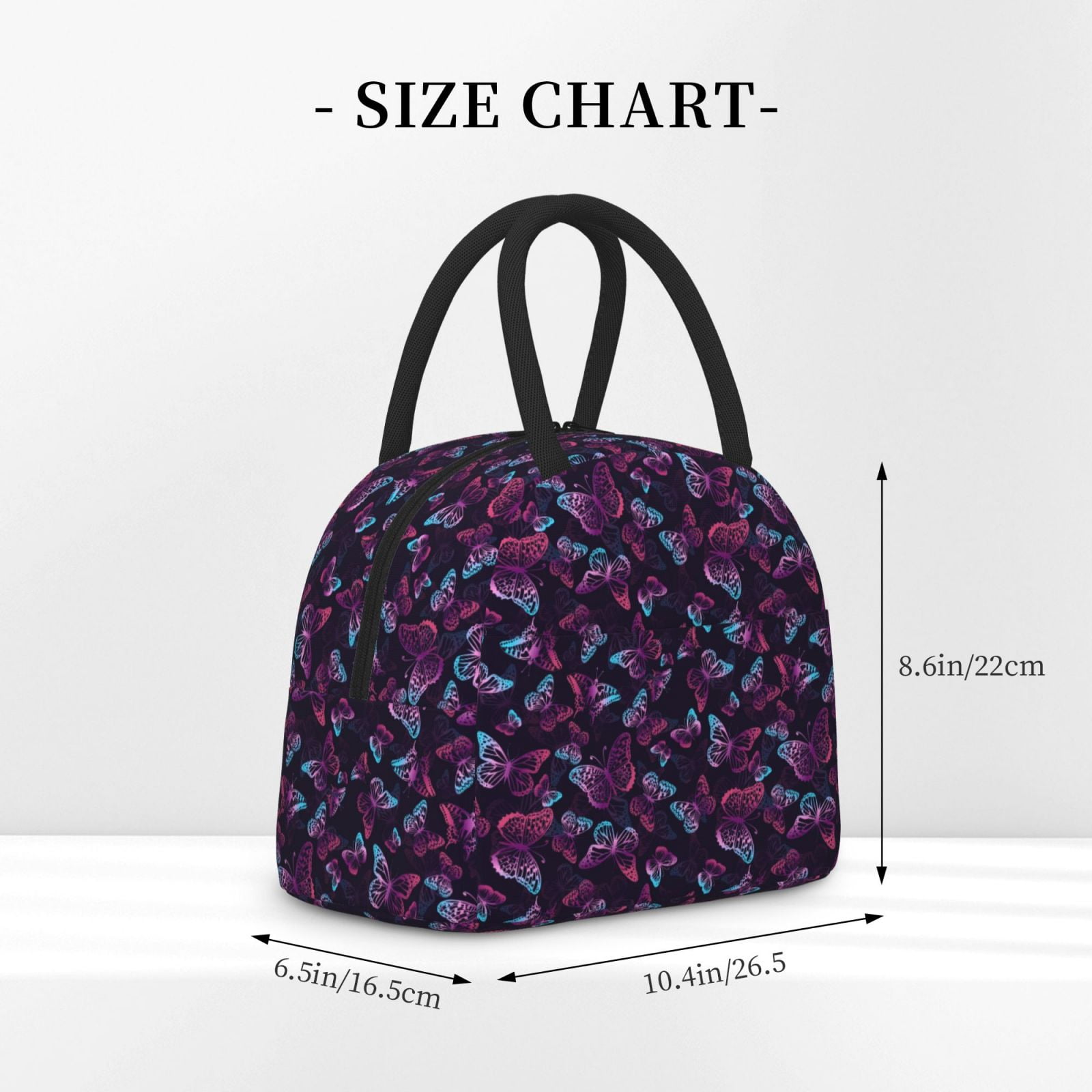 Horeoi Purple Butterfly Pattern Large Insulated Lunch Bag for Work, School, Picnic - Waterproof, Durable Oxford Cloth, Comfortable Handle-Black
