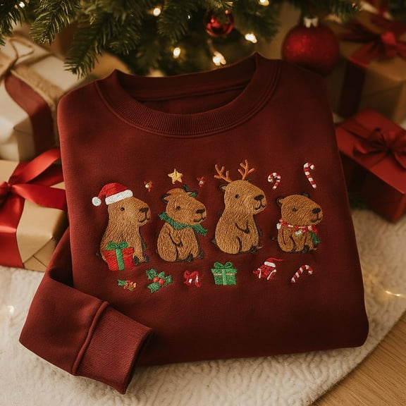 Embroidered Capybara Sweatshirt, Christmas Capybara Animal Embroidered Crewneck, Animal Sweater, Christmas Sweatshirt, Gift For Girlfriend