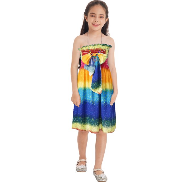 zdhoor Robe d'Été de Plage pour Enfants Filles Bohème Imprimé Floral Sans Manches avec Colliers Type A 140