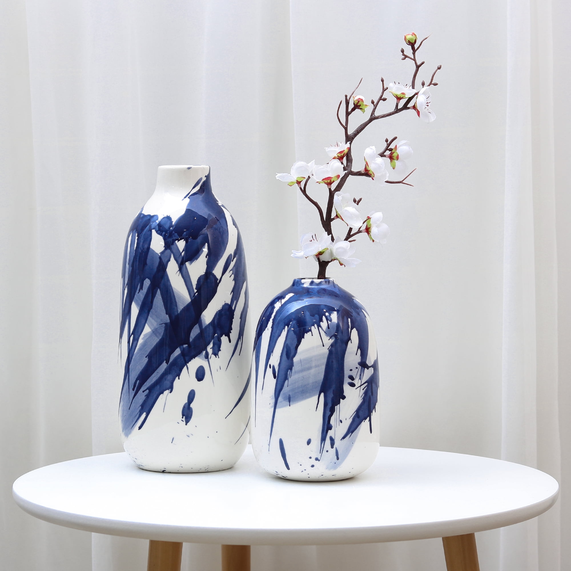 TERESA'S COLLECTIONS 10''H, 6.5''H Blue Ceramic Vases for Home Decor, Modern Decorative Vases Set of 2, Tall Vases for Indoor Living Room Decoration