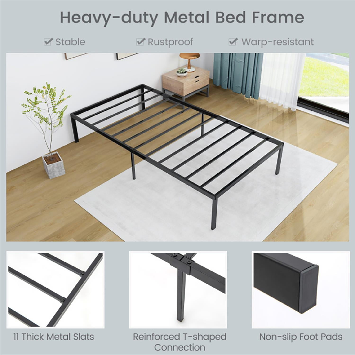 Demi Bonn Twin Bed Frames 14" Heavy Duty Metal Platform, No Box Spring Needed Underbed Storage, Easy to Assembly, Black