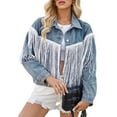 thumbnail image 2 of Women Cropped Denim Jacket Fringe Oversized Long Sleeve Womens Jean Shacket Coat with Tassel Fall Outwear Blue XL, 2 of 9