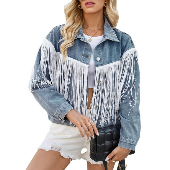 Women Cropped Denim Jacket Fringe Oversized Long Sleeve Womens Jean Shacket Coat with Tassel Fall Outwear Blue M