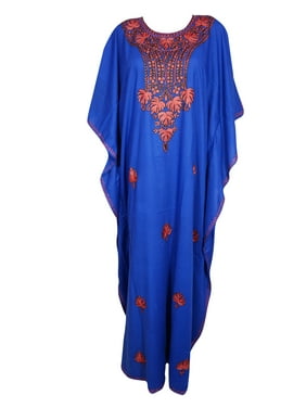 Mogul Womens Royal Blue Hand Embroidered Caftan Resort wear Casual Loose Kaftan Dress Lounger One Size