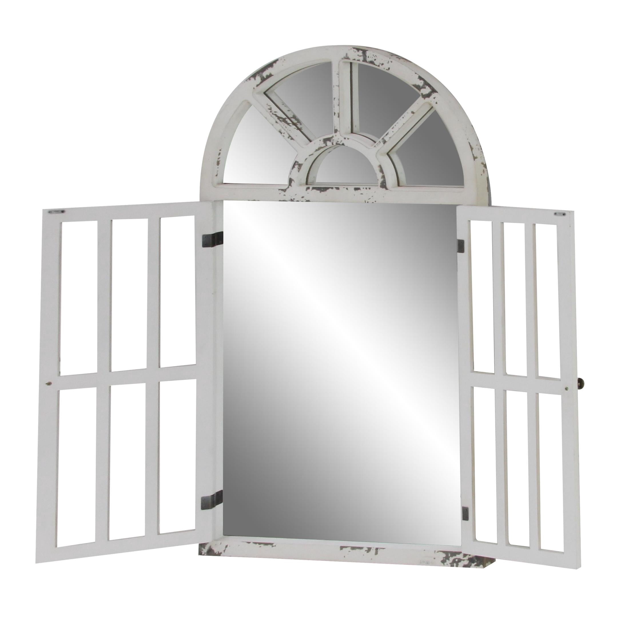 DecMode 26" x 46" White Window Pane Inspired 2 Door Wall Mirror with Arched Top and Distressing