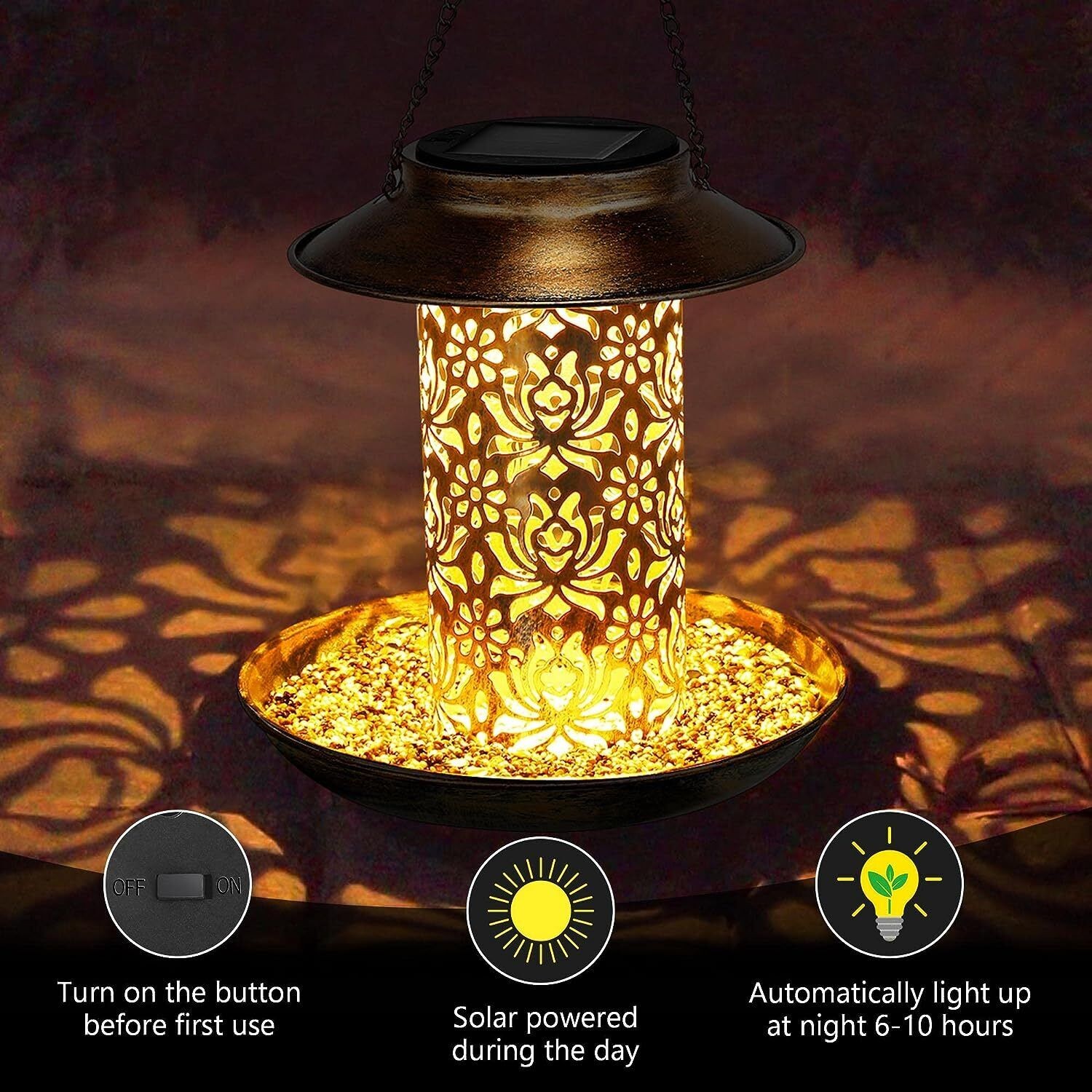 COSTYLE Solar Bird Feeder for Outdoors Hanging, Metal Wild Bird Feeder Solar Lantern Garden Decoration with S Hook