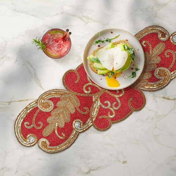 Lightnpro Christmas Beaded Table Runner 13x36 Inch - Maroon Gold Fancy Scrolled Design - Rustic Farmhouse Handmade Needle Work Holiday Table Centerpiece for Thanksgiving, Dining Room & Every Décor