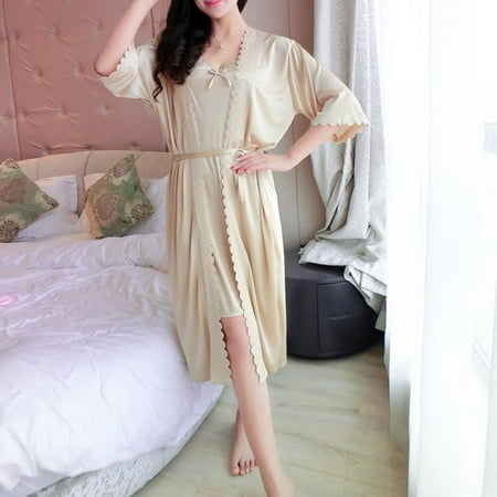 

2Pcs Women Satin Nightgowns And Robe Set Silk Slip Dress Chemise Nightdress
