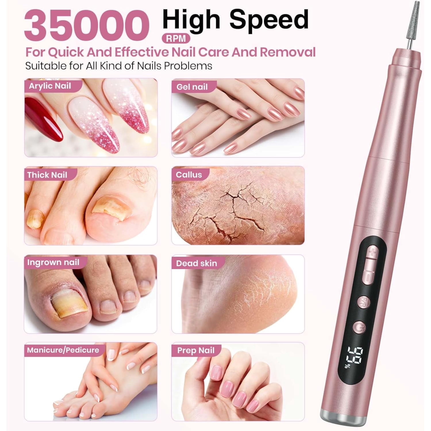 Cordless Nail Drill 35000RPM, Portable Electric Nail File for Acrylic Gel Nails, Professional Manicure Pedicure Kit, Rechargeable Pedicure Tools for feet with LCD Display, Low Noise Low Vibration