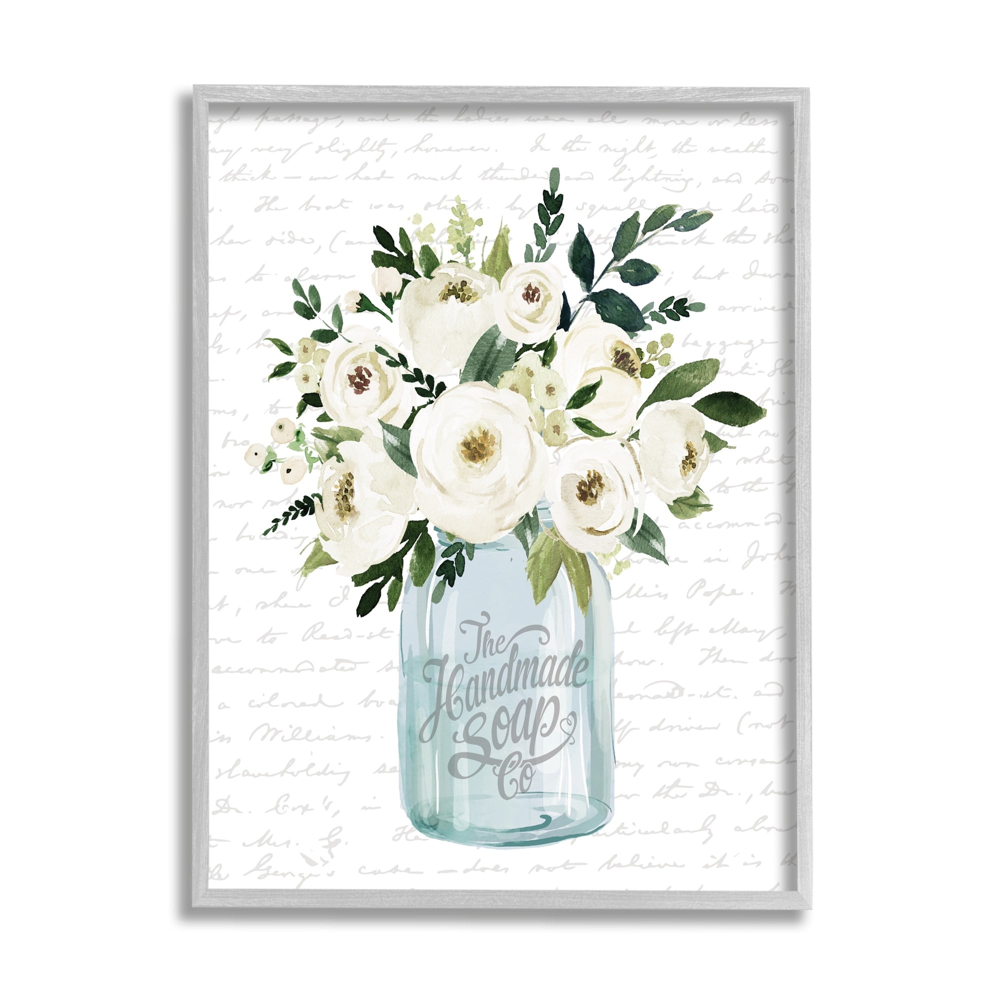 Stupell Industries White Blooms Flower Bouquet Classic Jar Script Graphic Art Gray Framed Art Print Wall Art, Design by Lettered and Lined