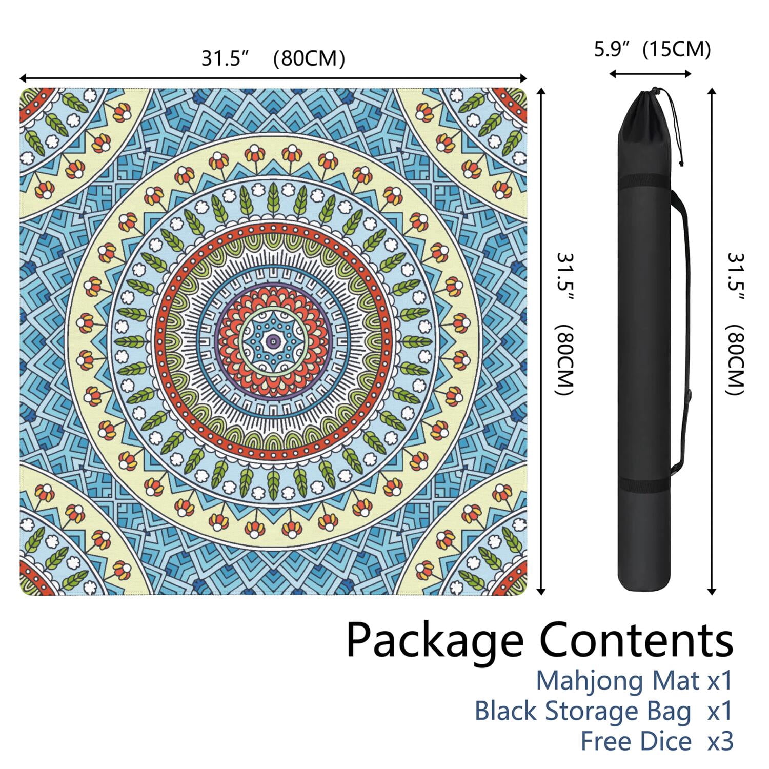 Mandala Mahjong Mat for Table, 31.5*31.5in Anti Slip American Mahjong Table Cloth, Noise Reduction, Neoprene Mah jongg Mat with Carrying Bag & 3 Dices, Mahjong Accessories Gift, Board Tile Games Mats