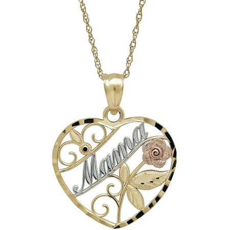 Simply Gold Precious Sentiments 10kt Yellow, White and Pink Gold Heart with mama (Mom) and Flowers Pendant, 18
