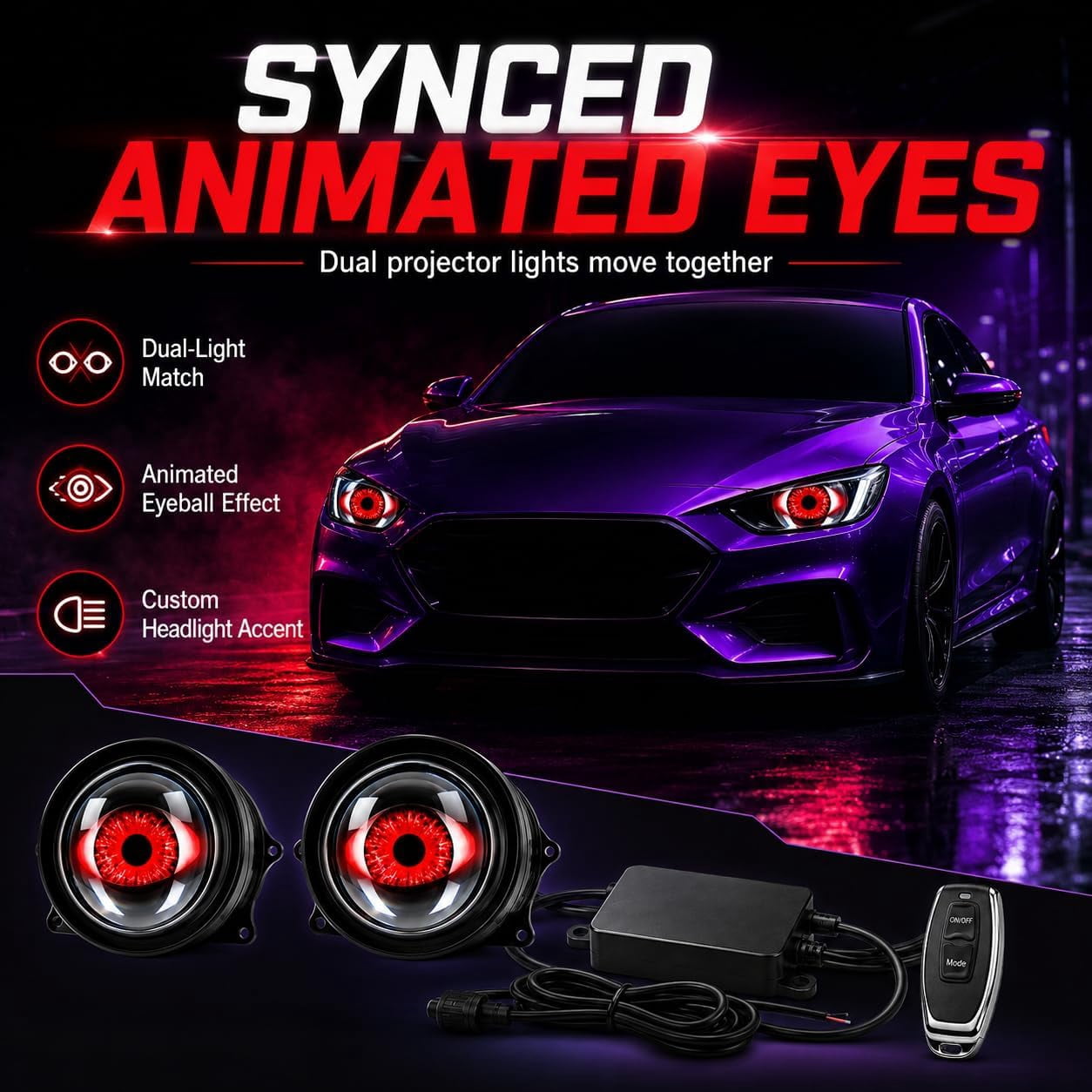 Ghost Lens Headlights, Demon Eye Headlights, 2pcs 33 Modes, Remote Synchronization, Demon Eyes LED Headlight Kit for Car, SUV, Motorcycle