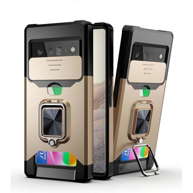 KOMI TPU+PC Holder Slot Adjustable Stand Case with 360 ° Ring Holder Support Protective Cover Push Window Insert Card Phone Case Compatible with Google Pixel 8 Pro 7A/6A/5A (Rose Gold,Google Pixel 7A)