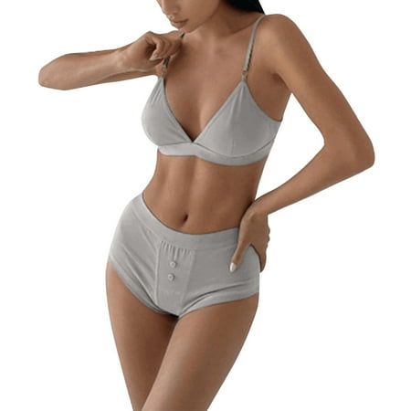 

Plus Size Lingerie for Women Push Up Knitting V Neck Triangle Cup Button Personalized Design High Waist Underwear Two Piece Bra and Panty Sets for Women Lingerie Sets Gray M