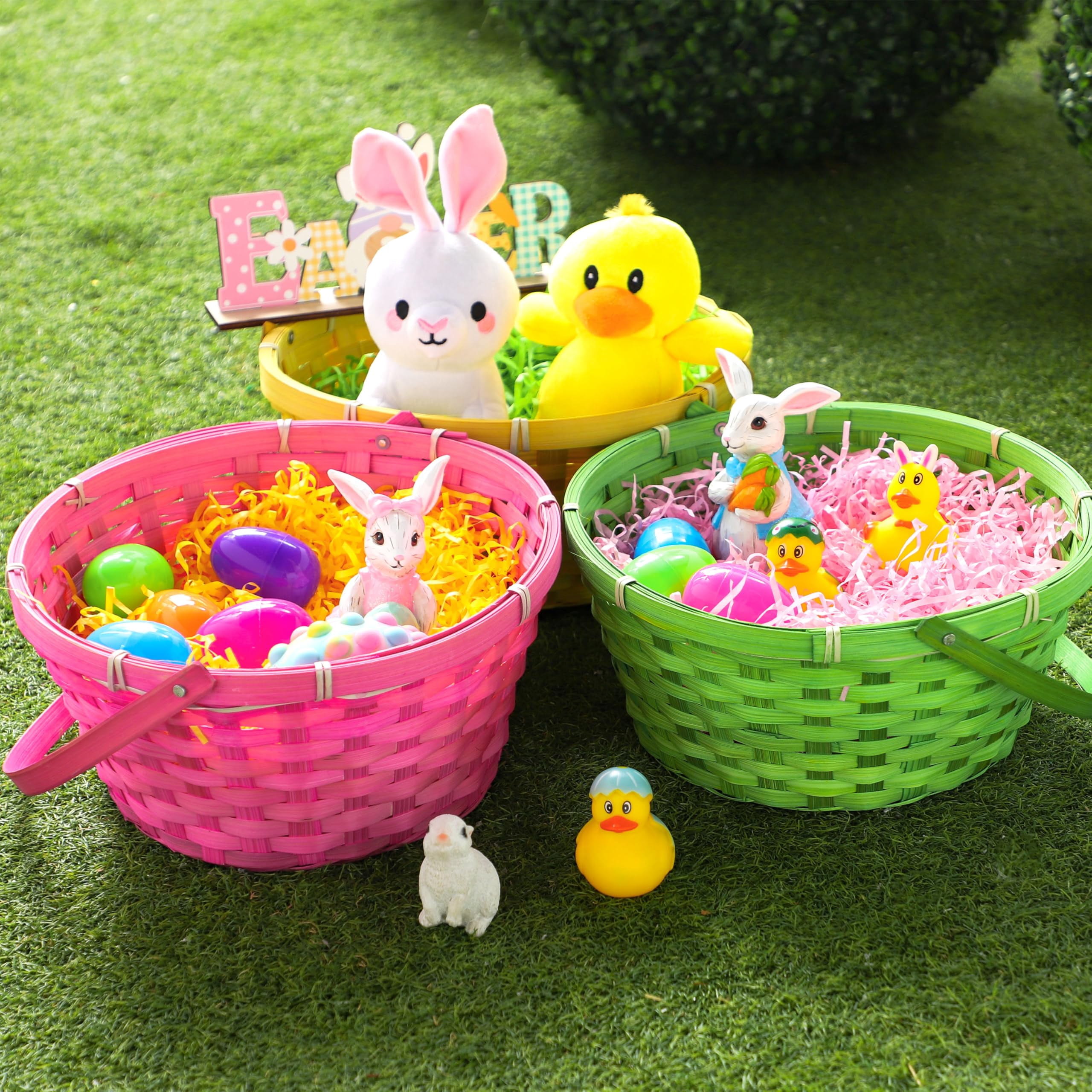 3 Easter Baskets With Handle And 3 Colors Grass Paper Shreds  Empty Gift Basket For Egg Hunt Party Supplies Filling Candy & Favors (yellow Pink Green)