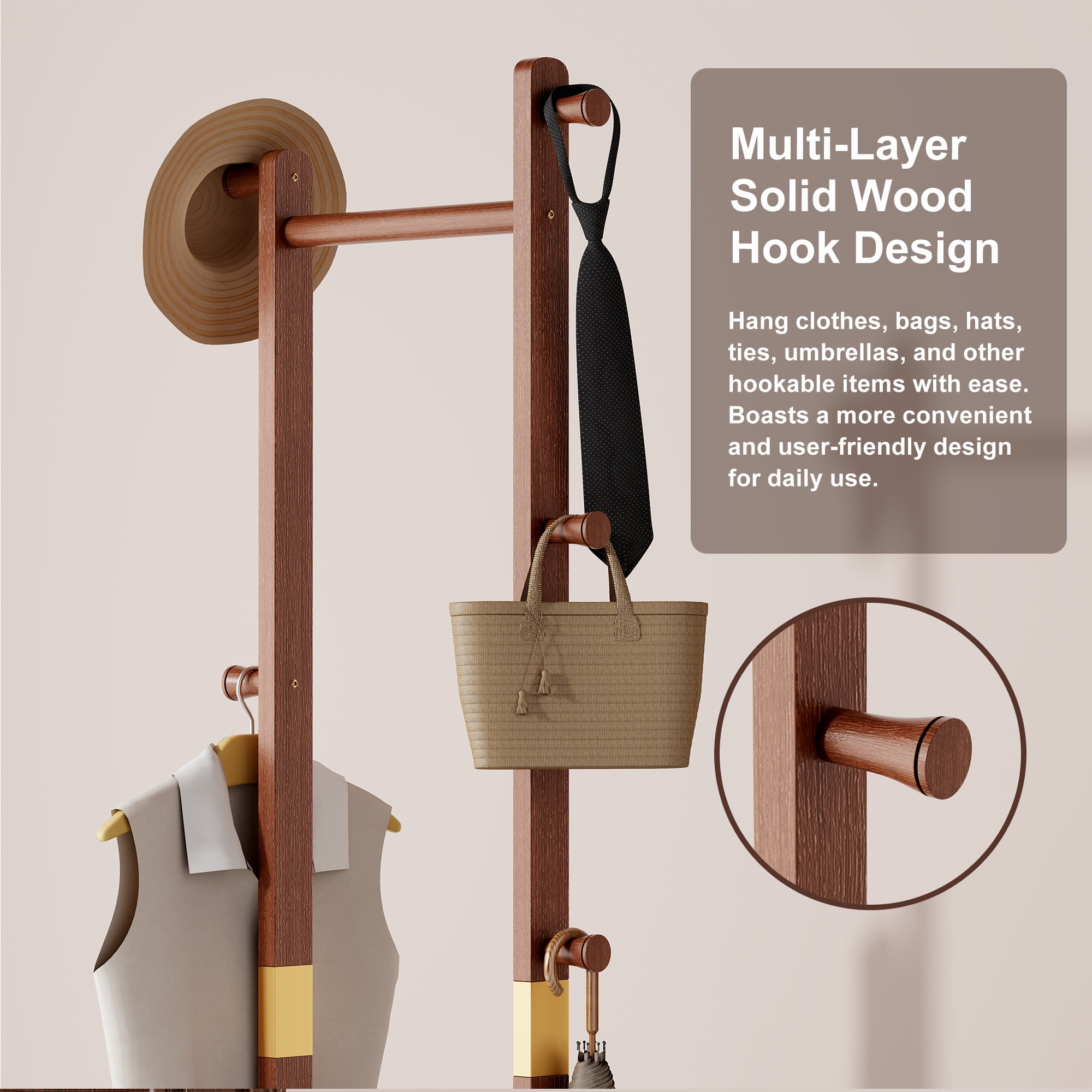 GARITIN Coat Rack and Hall Tree 23.6 Inch, Solid Wood Freestanding Coat Stand with Hooks for Entryway Living Room Bedroom, Walnut