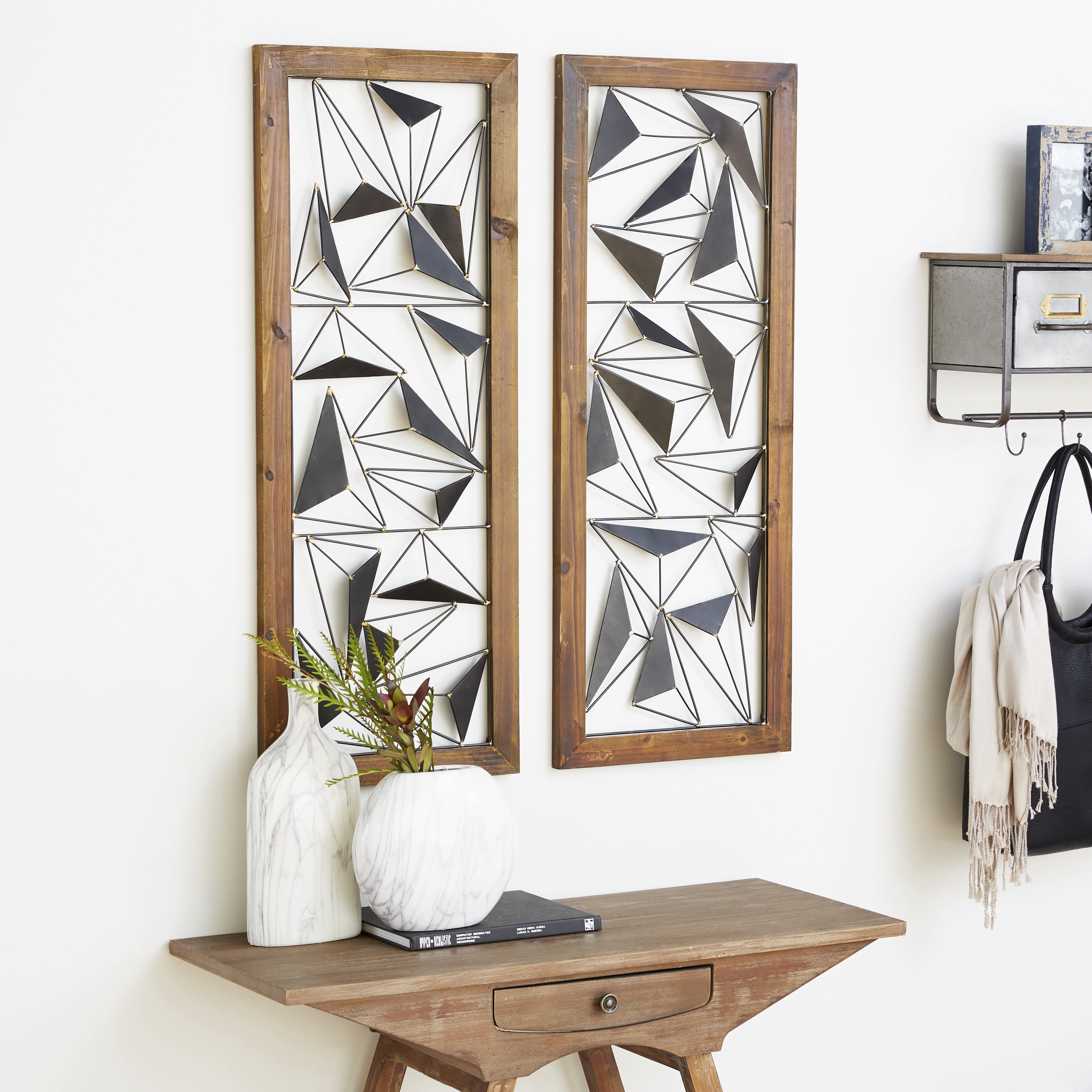DecMode Black Metal Geometric Wall Decor with Wood Frame (2 Count)