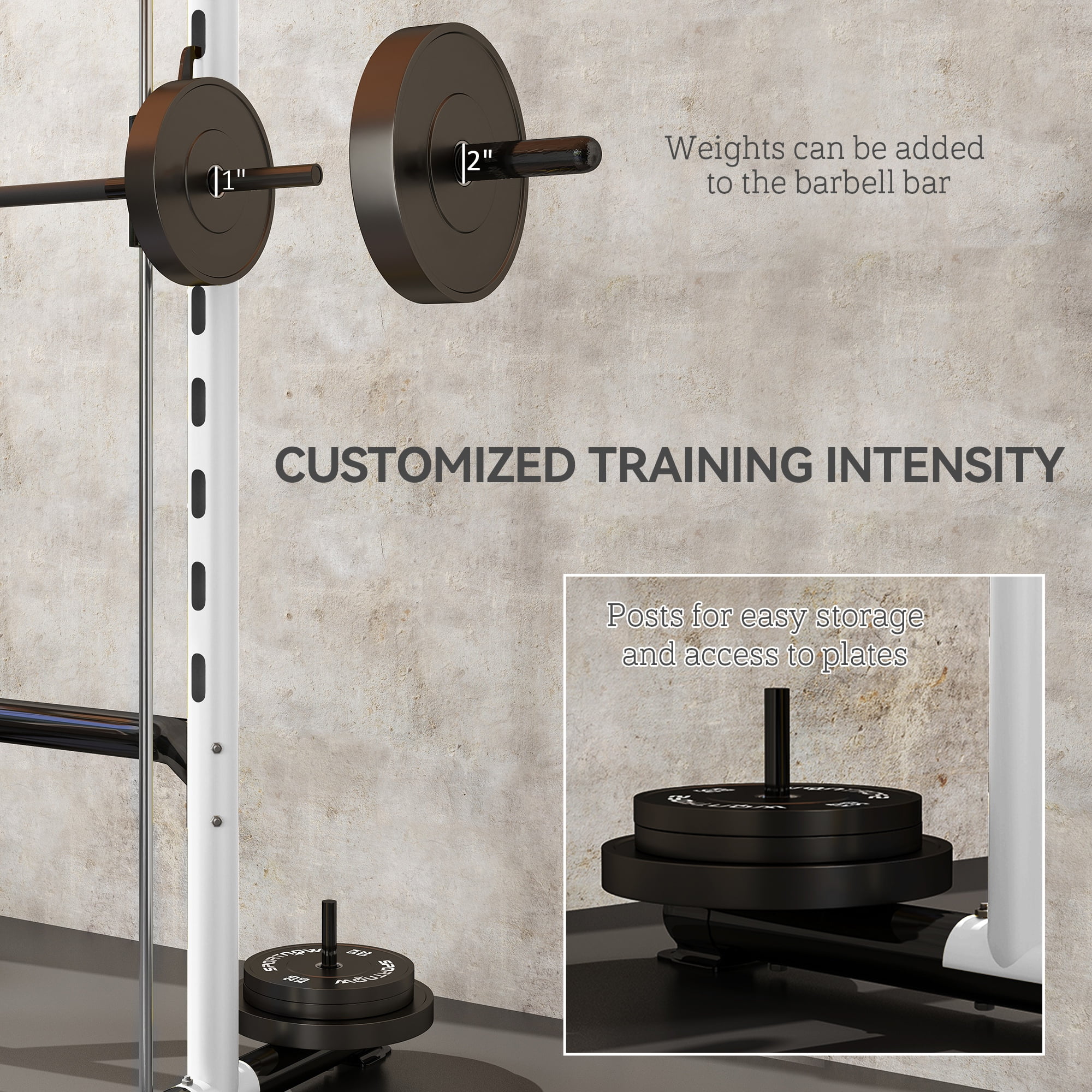 Soozier Adjustable Squat Rack with Pull Up Bar and Barbell Bar, Multi-Function Bench Press Weight Lifting Equipment, White
