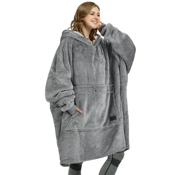 Womens Oversized Flannel Blanket Hoodie Sweatshirt, Plush Fleece Lined Lounging Pullover, Christmas Gift for Women (Ash Gray) - Catalonia