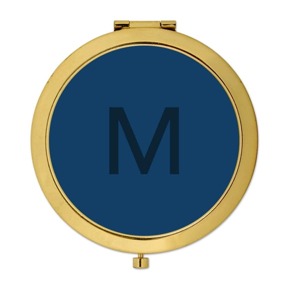 Koyal Wholesale Gold Compact Mirror Bridesmaid's Wedding Gift, Modern Navy Blue, Monogram Letter M, 1-Pack
