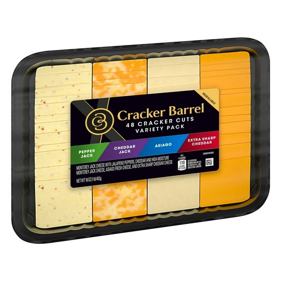 Cracker Barrel Cracker Cuts Pepper Jack, Cheddar Jack, Asiago & Extra Sharp Cheddar Cheese Slice Variety Pack, 48 ct Tray