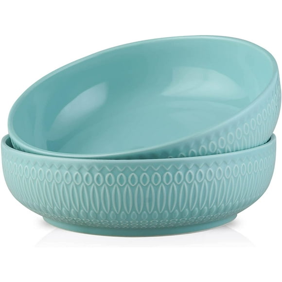 HHHC Pasta Salad Soup Bowls set,8 Inches Ceramic Pasta Bowl with Embossment (Pala blue turquoise, Peacock Whorl)
