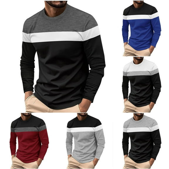 ZRGHAOYLQ Color Block Shirts for Mens Big And Tall Long Sleeve Tshirt Tops Drop Shoulder Crewneck Pullovers