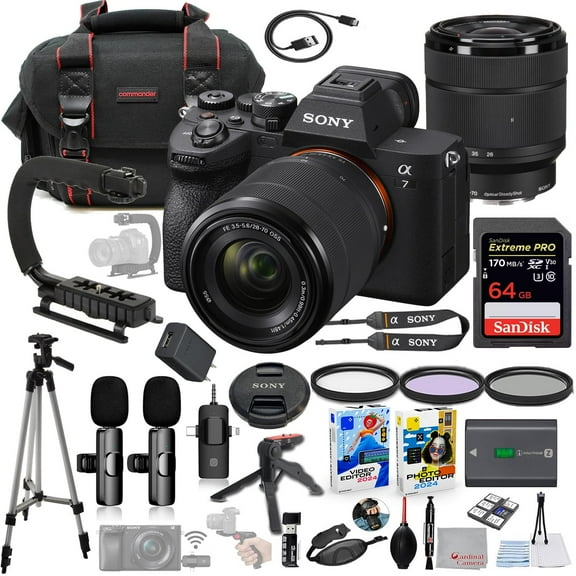 Sony a7 IV Mirrorless Camera with 28-70mm Lens Bundle   Wireless Microphone System   Accessory Package Including 64GB Extreme Memory, U-Grip, Case, Tripod, Software and More (30 Items)
