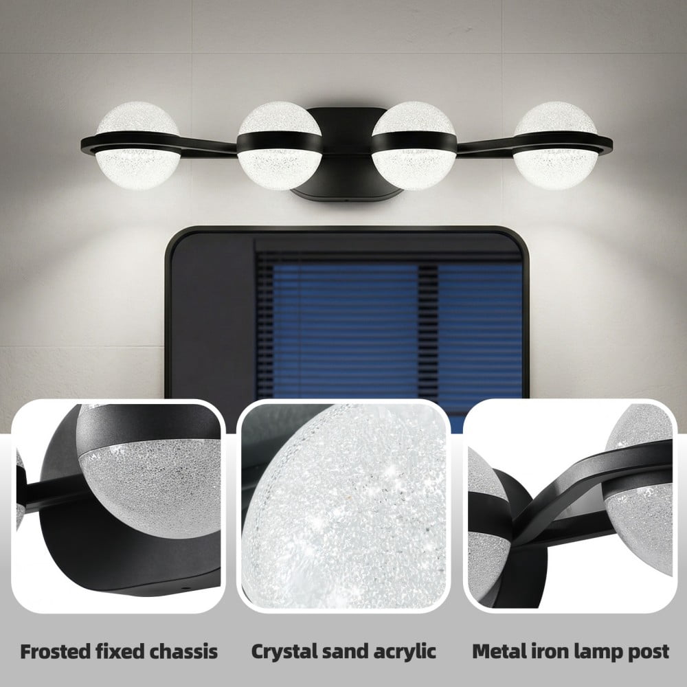 30" Black Minimalist LED Bathroom Vanity Light, 4-Light Wall Mounted Fixture with Crystal Sand Acrylic Shades, Modern Decorative Lighting for Mirror, Sink, and Vanity Area