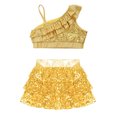 thumbnail image 3 of TiaoBug Kids Girls Gymnastic Dance Outfits Sequins Asymmetrical Shoulder Ruffle Crop Top with Skirted Shorts Set Gold 8, 3 of 5