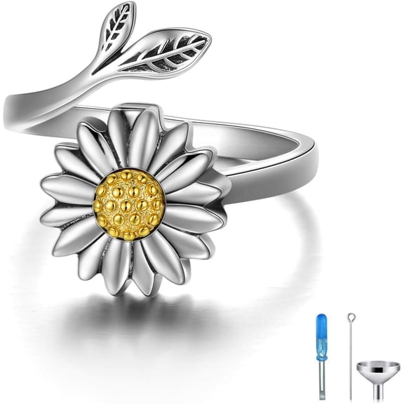AOBOCO Sunflower Cremation Ring for Ashes 925 Sterling Silver Daisy Urn Ring Jewelry Keepsake Hair Memorial Locket for Women Mom
