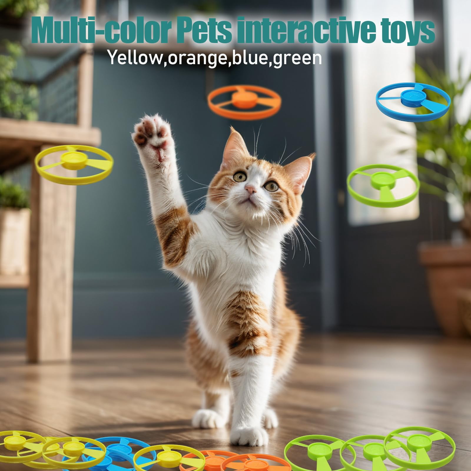 Cat Fetch Toy with Colorful Flying Propellers - Interactive Kitten Chasing Training Toy, Flying Disc Launcher Set for Indoor Outdoor Hunting Play, Pet Enrichment Activity