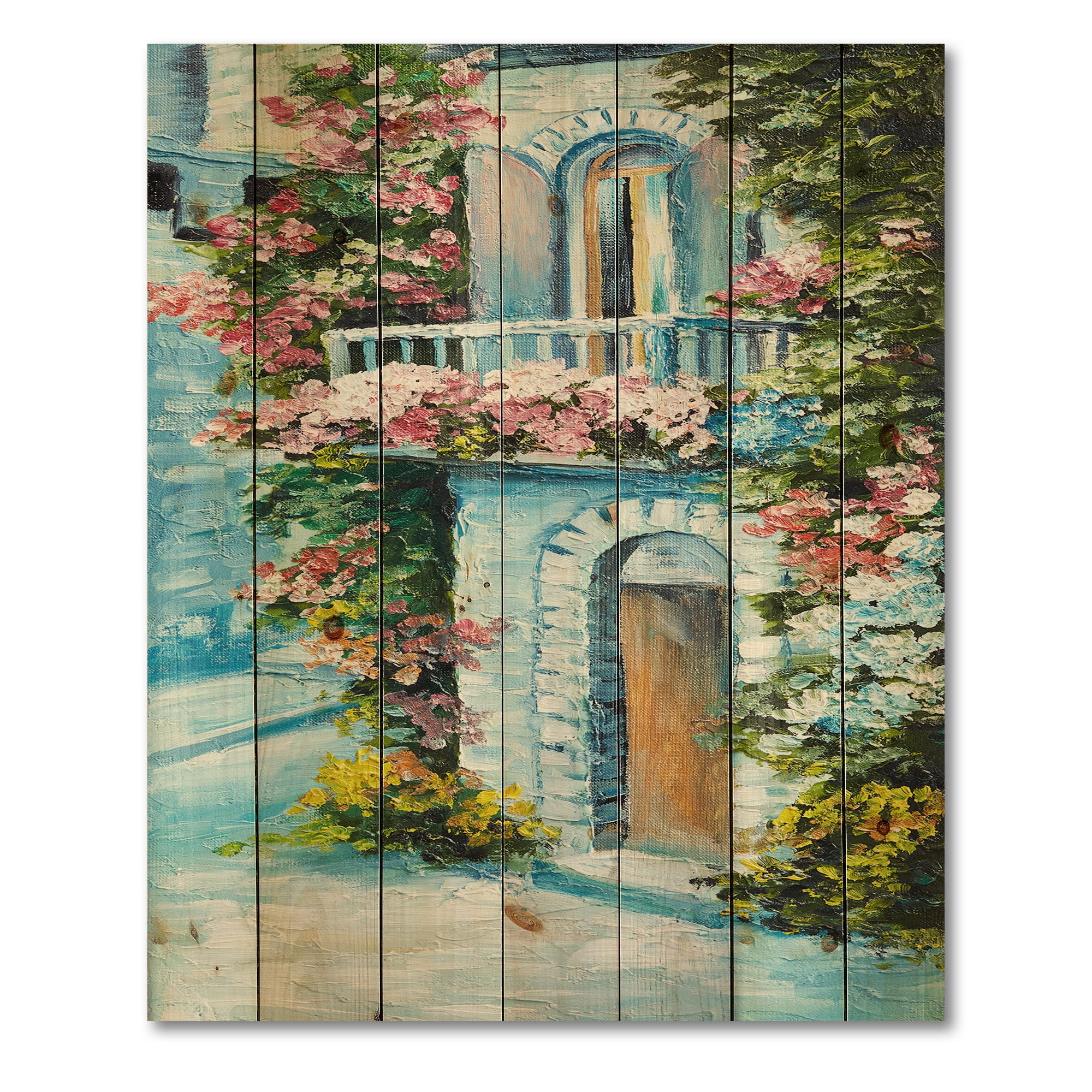 Designart 'House With Colorful Flowers Near The Sea II' Traditional Print on Natural Pine Wood