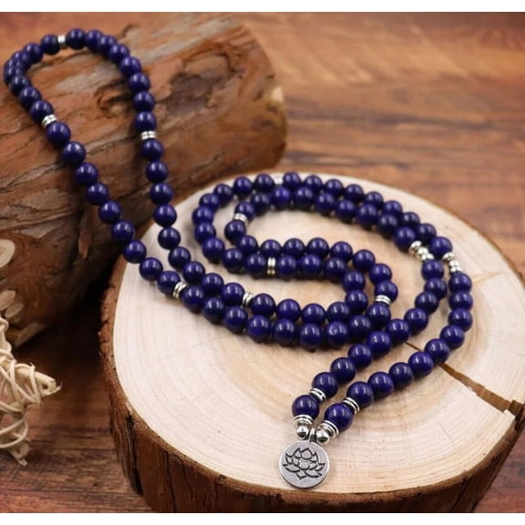 108 Mala Beads Natural 8mm Lapis Lazuli Stone Lotus Charm Necklace Mind Peace