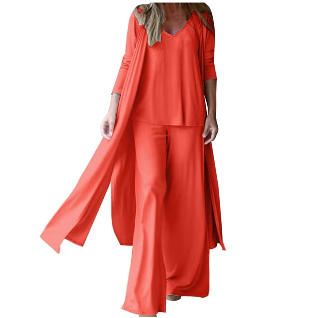 Timegard Plus Size Outfits for Women 2pc Long Sleeve V Neck Flowy Tops Solid Color Wide Leg Pants Trendy Sets