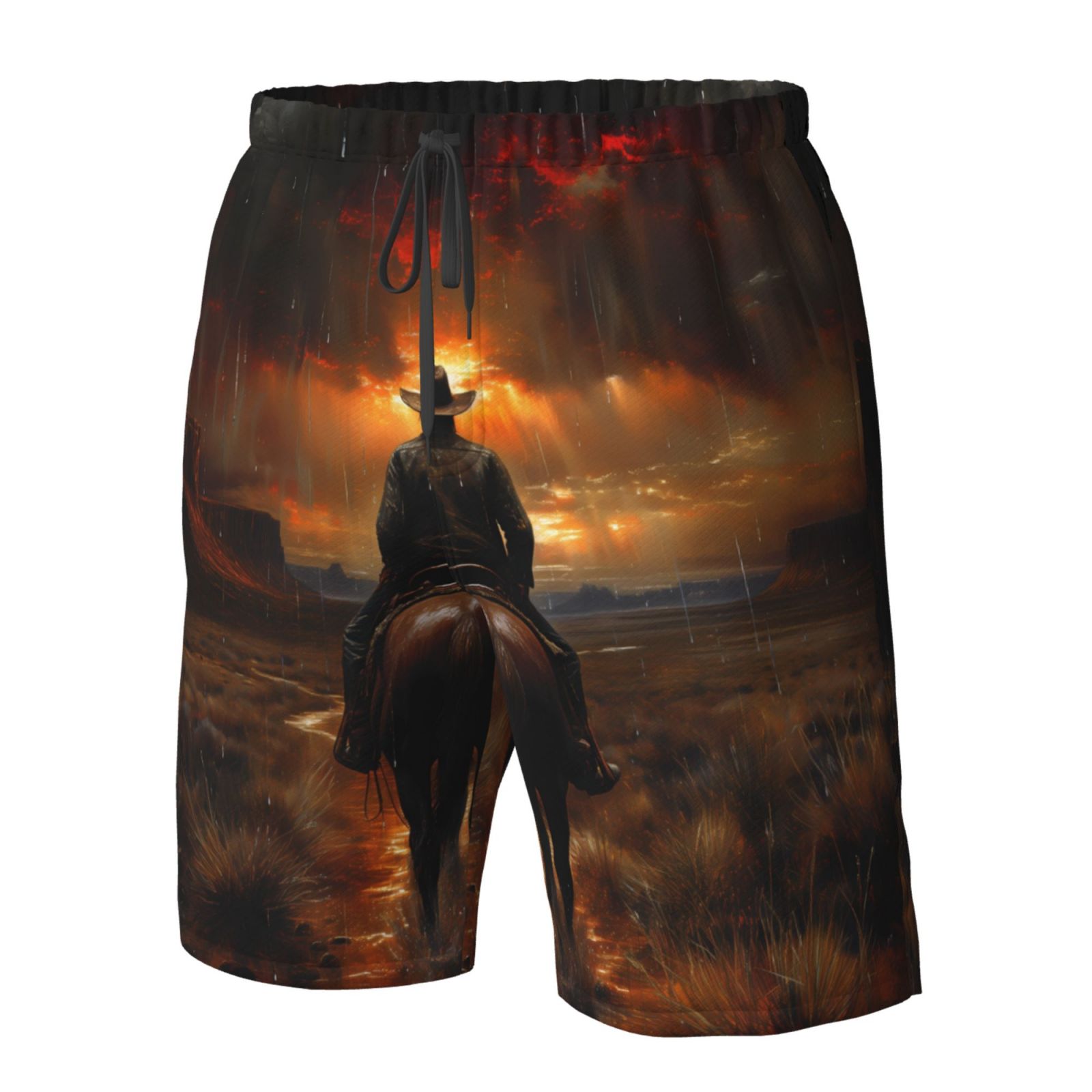 Vsdgher Western Rainy Desert Cowboy Men's Beach Shorts, Surfing shorts, Swim trunks, Quick Dry Swim Trunks for Surfing Beach Fun -Medium