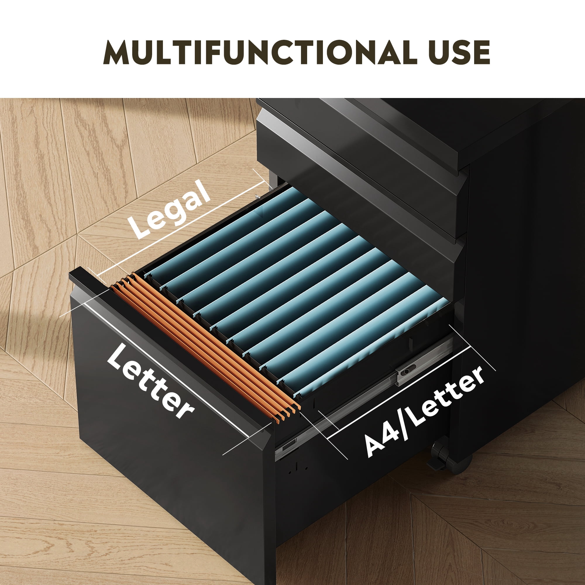 GALAXHERO 3 Drawer Metal File Cabinet with Lock(No Assembly), Mobile Printer Cabinet & Small Under Desk Filing Cabinet for Home Office, Fits Legal/Letter/A4, Black