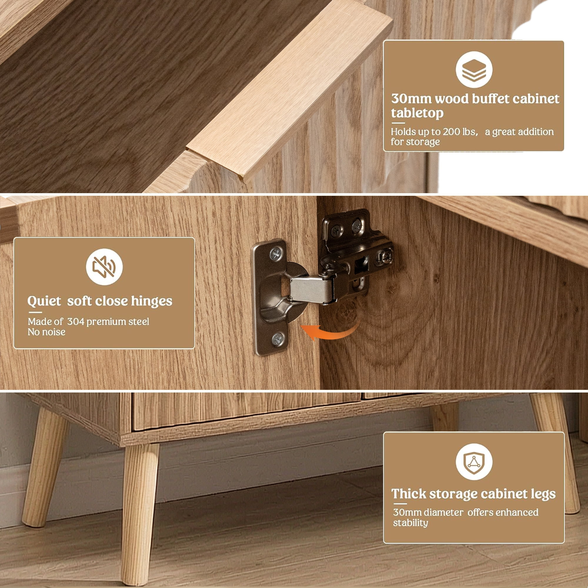 Kitchen Storage Cabinet, Adjustable Shelves , Storage with 1 Drawers and 2 Doors, Cabinet with Solid Wood Feet,Floor Sideboard Buffet for Living Room, Living Room, Kitchen, Entryway,(Natural Color)