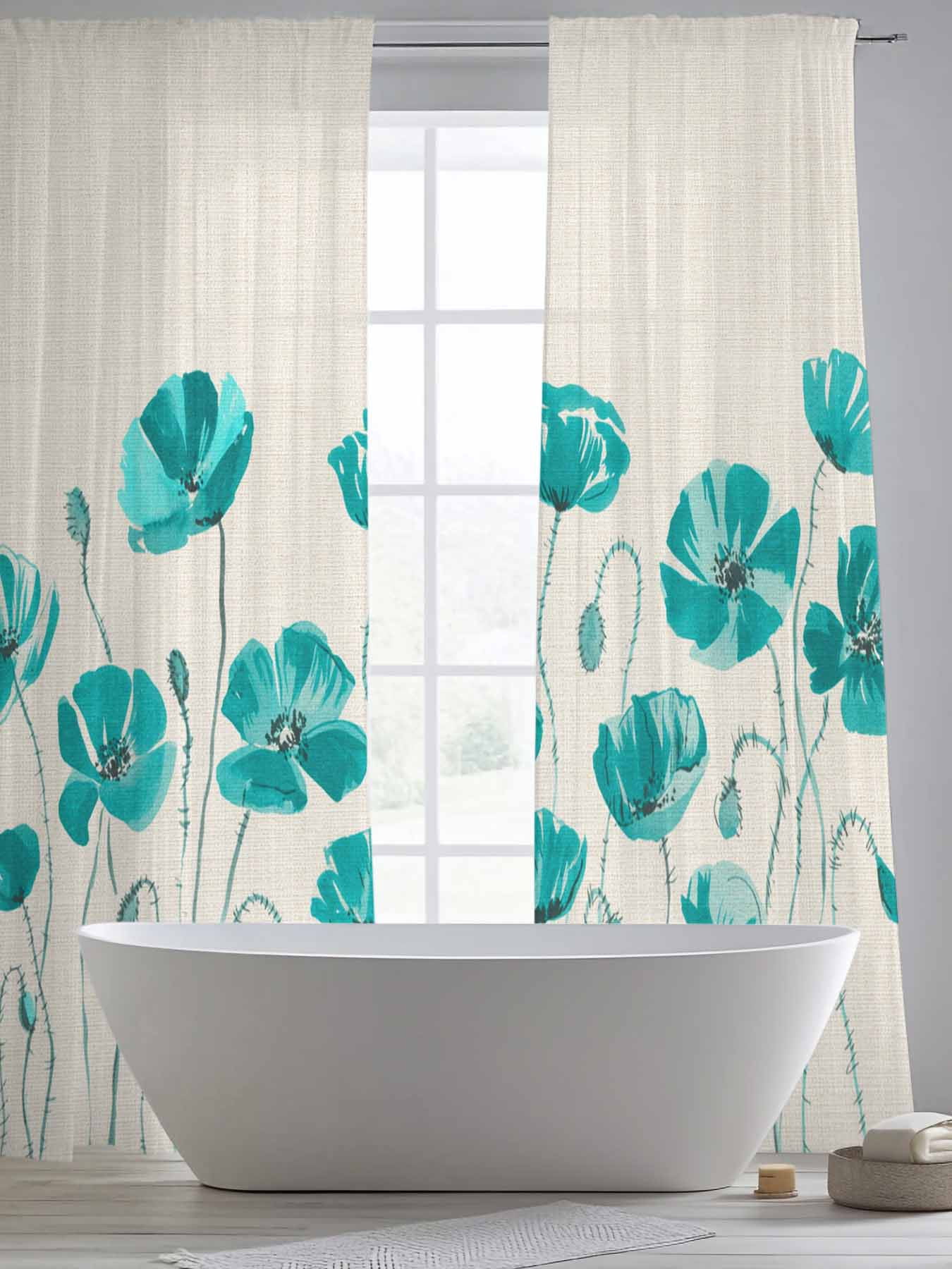 Teal Floral Sheer Curtains 2 Panels Set Watercolor Autumn Turquoise Wildflowers Plant Linen Texture Sheer Window Curtains Light Filtering Rod Pocket Voile Drapes for Bedroom Living Room 52"X108"
